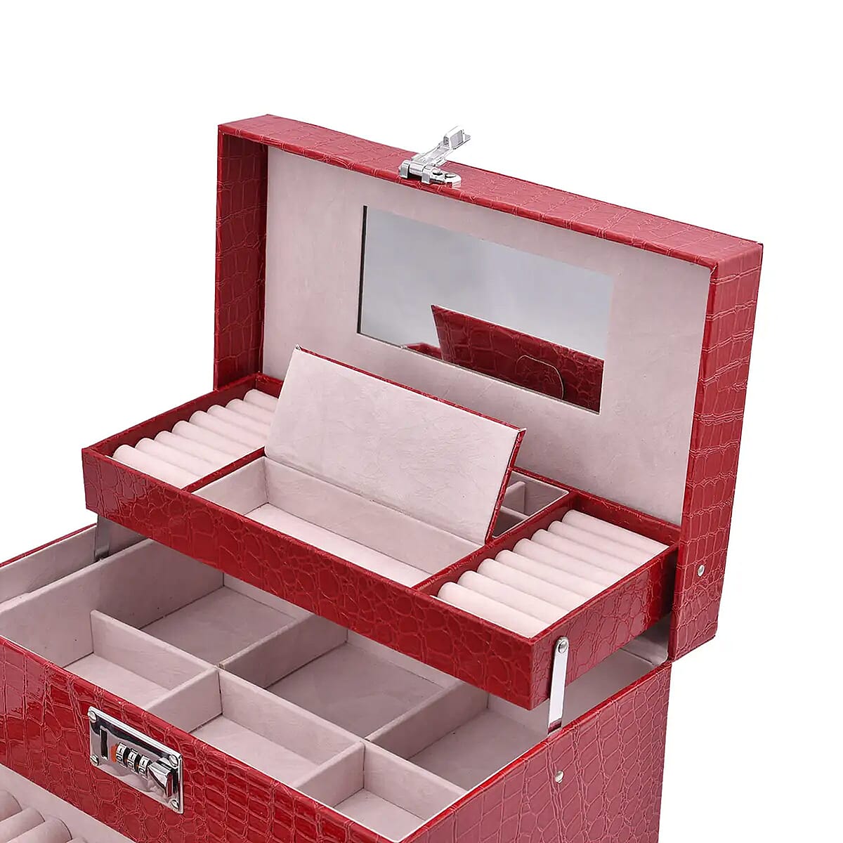 Burgundy Crocodile Embossed Faux Leather Convertible Jewelry Box with Padlock, Jewelry Storage Box for Women, Jewelry Case, Jewelry Organizer image number 5