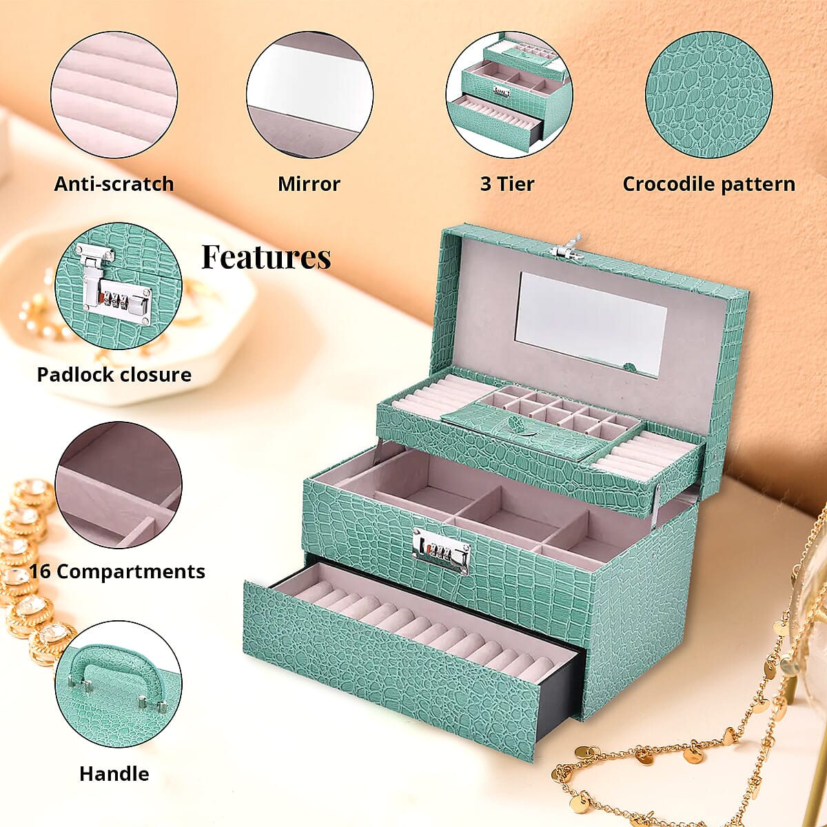 Teal Crocodile Embossed Faux Leather Convertible Jewelry Box with Padlock , Jewelry Storage Box for Women , Jewelry Case , Jewelry Organizer image number 2