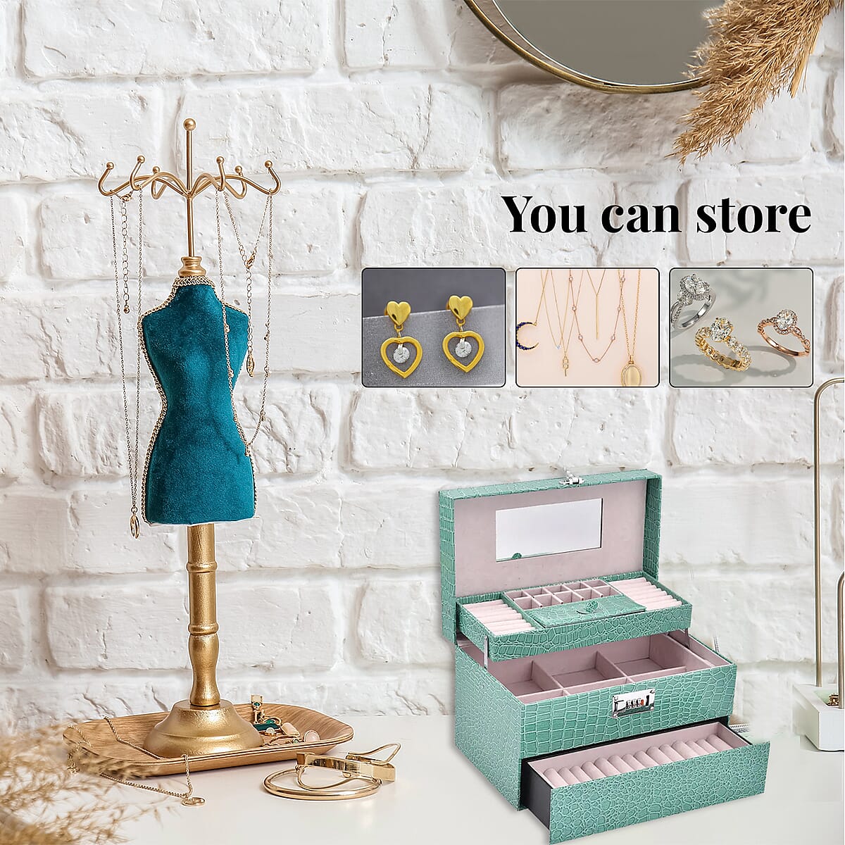 Teal Crocodile Embossed Faux Leather Convertible Jewelry Box with Padlock , Jewelry Storage Box for Women , Jewelry Case , Jewelry Organizer image number 3