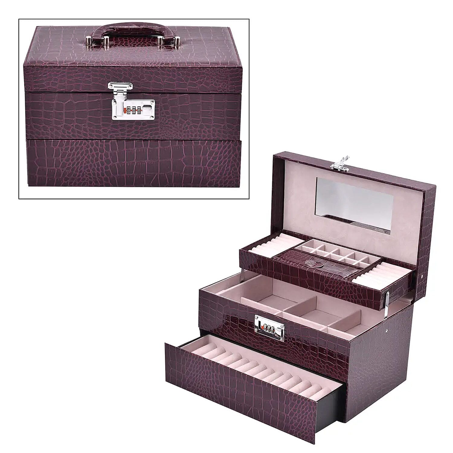 Purple Crocodile Embossed Faux Leather Convertible Jewelry Box with Padlock , Jewelry Storage Box for Women , Jewelry Case , Jewelry Organizer
