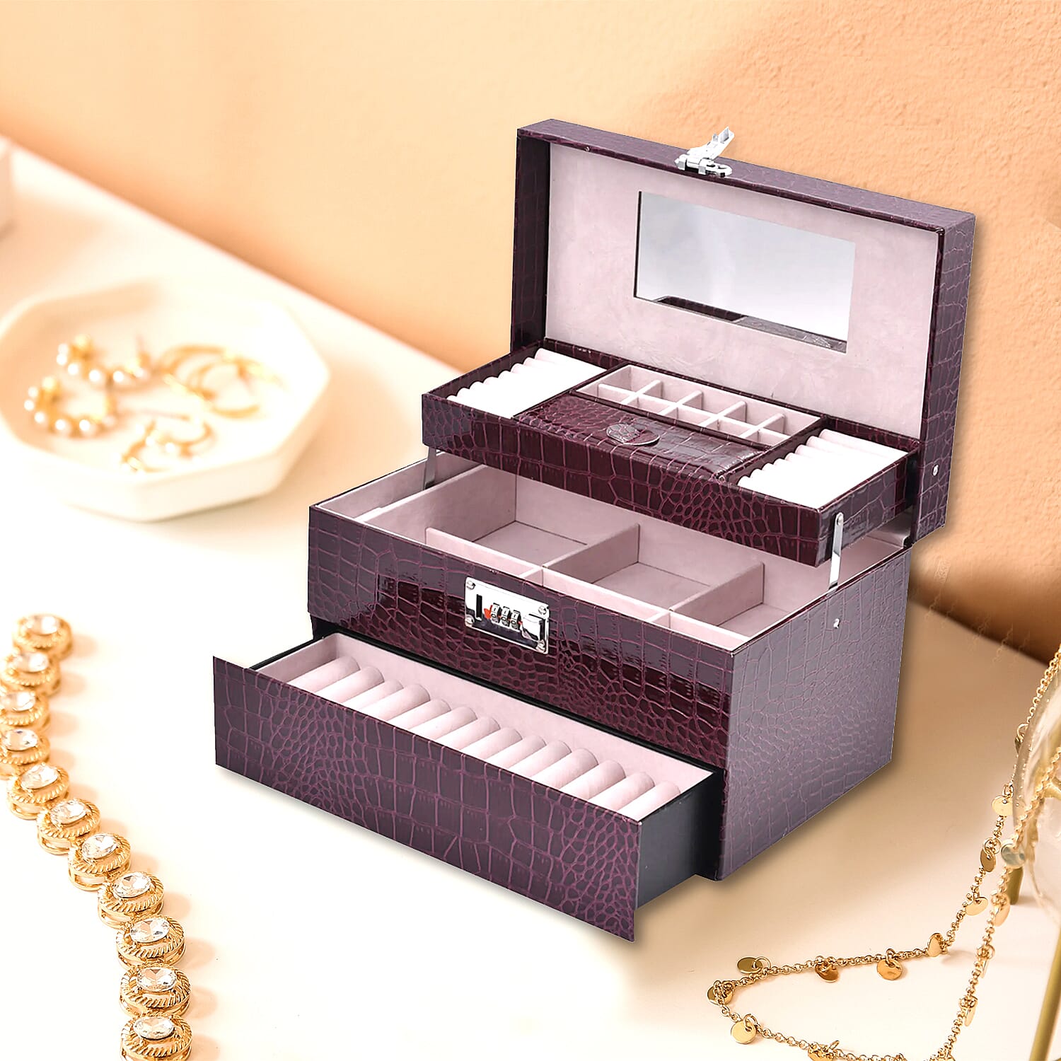 Purple Crocodile Embossed Faux Leather Convertible Jewelry Box with Padlock , Jewelry Storage Box for Women , Jewelry Case , Jewelry Organizer
