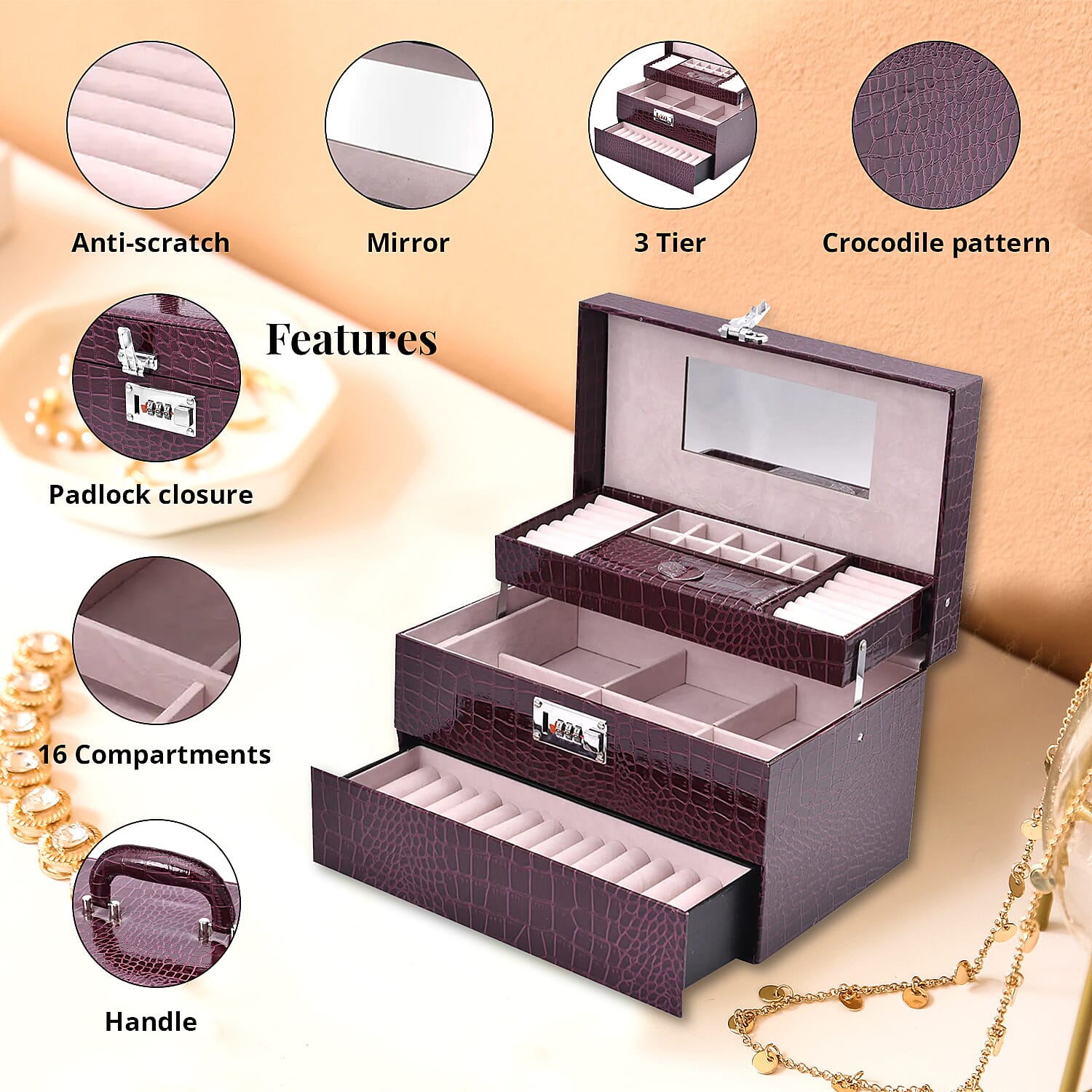 Purple Crocodile Embossed Faux Leather Convertible Jewelry Box with Padlock , Jewelry Storage Box for Women , Jewelry Case , Jewelry Organizer