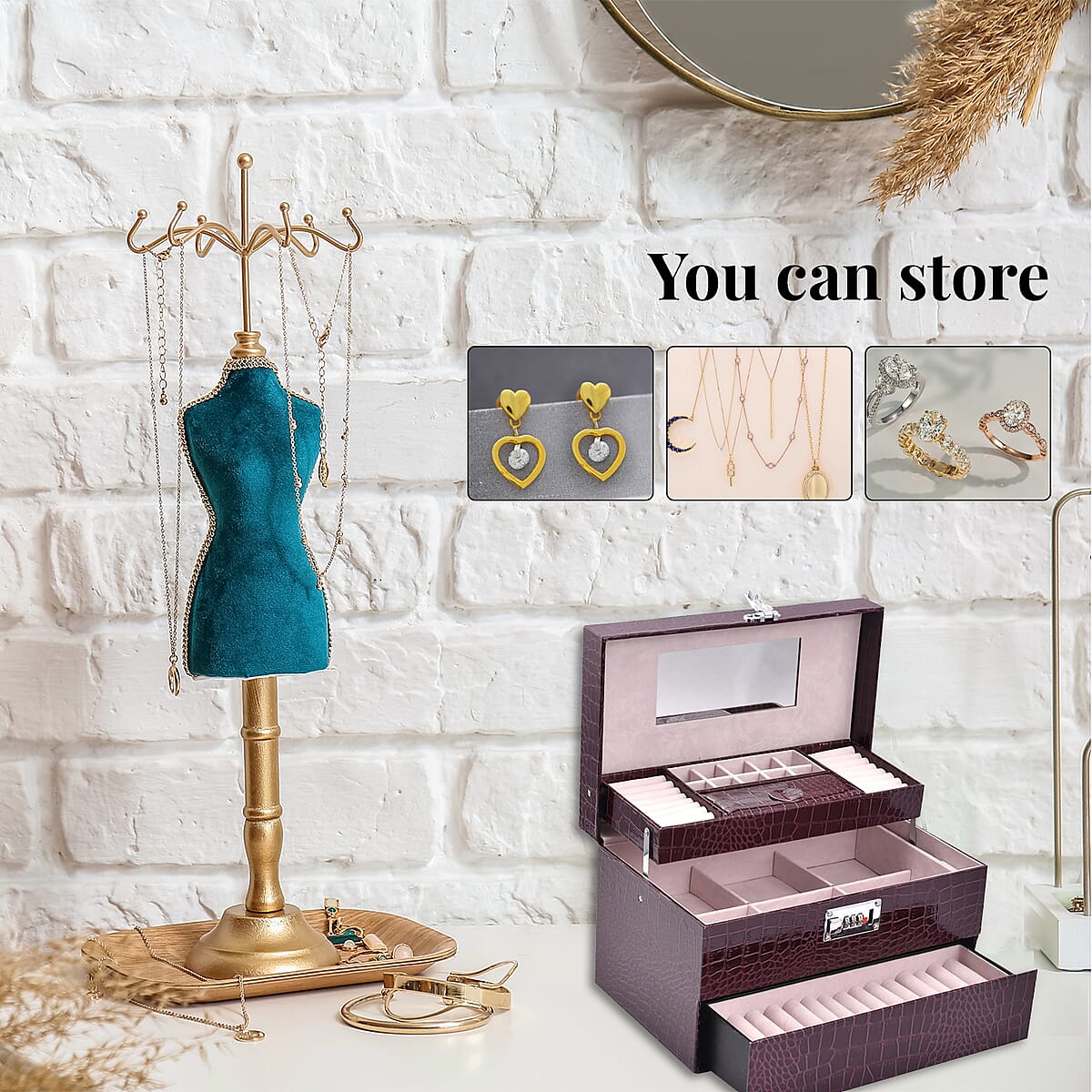 Purple Crocodile Embossed Faux Leather Convertible Jewelry Box with Padlock , Jewelry Storage Box for Women , Jewelry Case , Jewelry Organizer image number 3