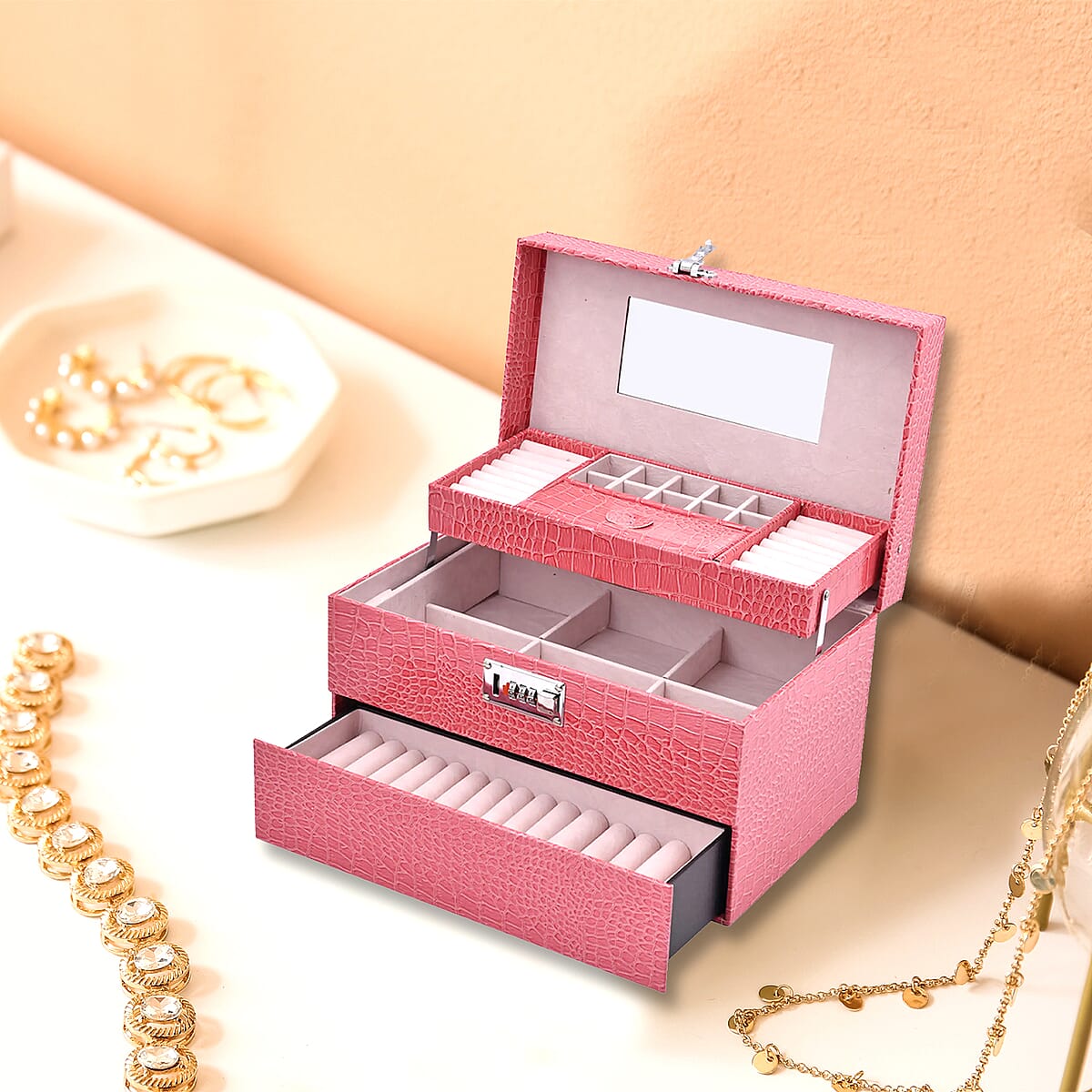 Pink Crocodile Embossed Faux Leather Convertible Jewelry Box with Padlock, Jewelry Storage Box for Women, Jewelry Case, Jewelry Organizer image number 1