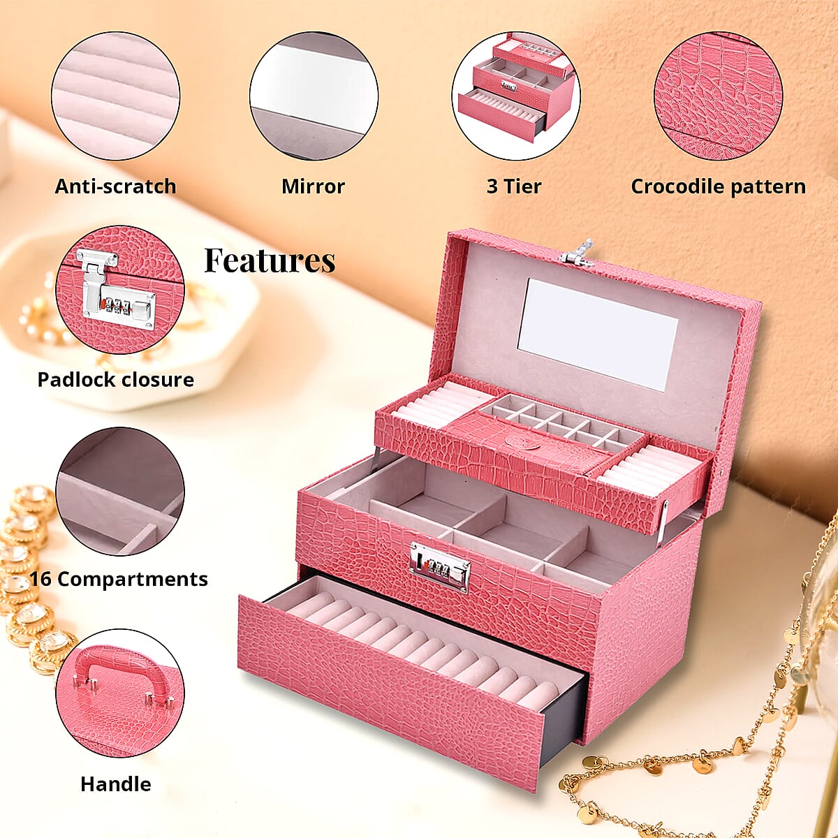 Pink Crocodile Embossed Faux Leather Convertible Jewelry Box with Padlock, Jewelry Storage Box for Women, Jewelry Case, Jewelry Organizer image number 2