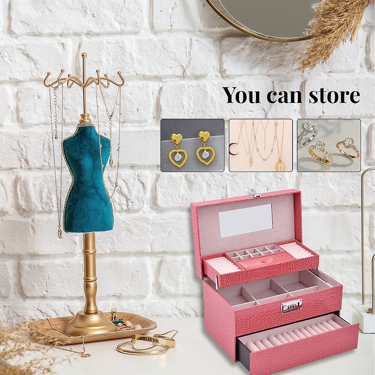 Pink Crocodile Embossed Faux Leather Convertible Jewelry Box with Padlock, Jewelry Storage Box for Women, Jewelry Case, Jewelry Organizer image number 3