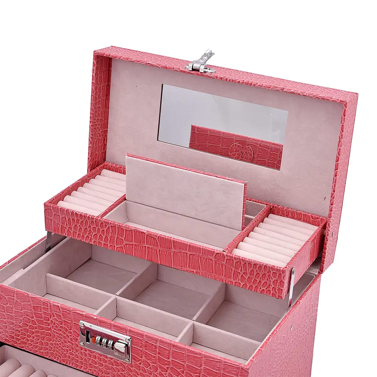 Pink Crocodile Embossed Faux Leather Convertible Jewelry Box with Padlock, Jewelry Storage Box for Women, Jewelry Case, Jewelry Organizer image number 5