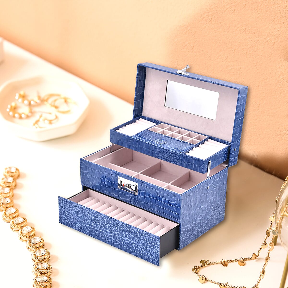 Blue Crocodile Embossed Faux Leather Convertible Jewelry Box with Padlock, Jewelry Storage Box for Women, Jewelry Case, Jewelry Organizer image number 1