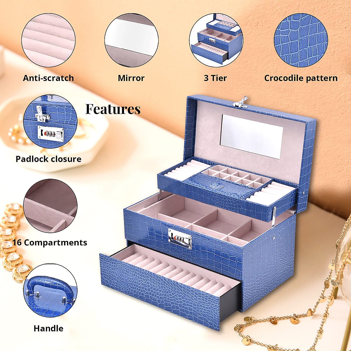 Blue Crocodile Embossed Faux Leather Convertible Jewelry Box with Padlock, Jewelry Storage Box for Women, Jewelry Case, Jewelry Organizer image number 2