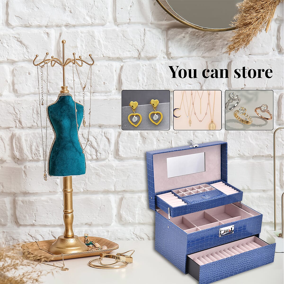 Blue Crocodile Embossed Faux Leather Convertible Jewelry Box with Padlock, Jewelry Storage Box for Women, Jewelry Case, Jewelry Organizer image number 3
