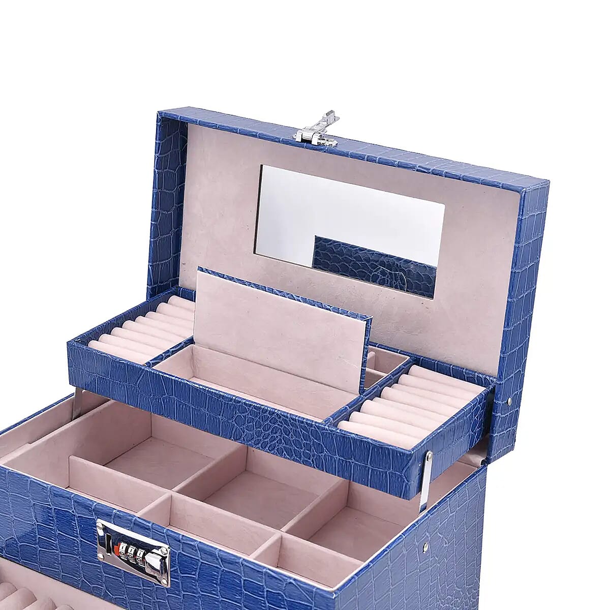 Blue Crocodile Embossed Faux Leather Convertible Jewelry Box with Padlock, Jewelry Storage Box for Women, Jewelry Case, Jewelry Organizer image number 5