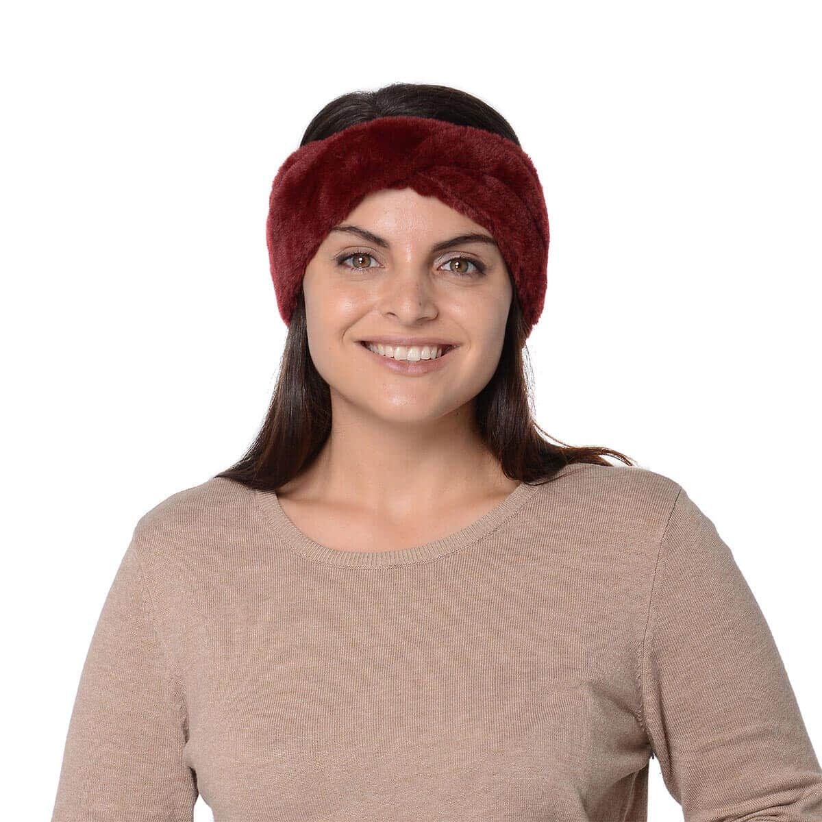 Set of 2 Black Crystal and Twisted Maroon Polyester Faux Fur Headbands image number 3