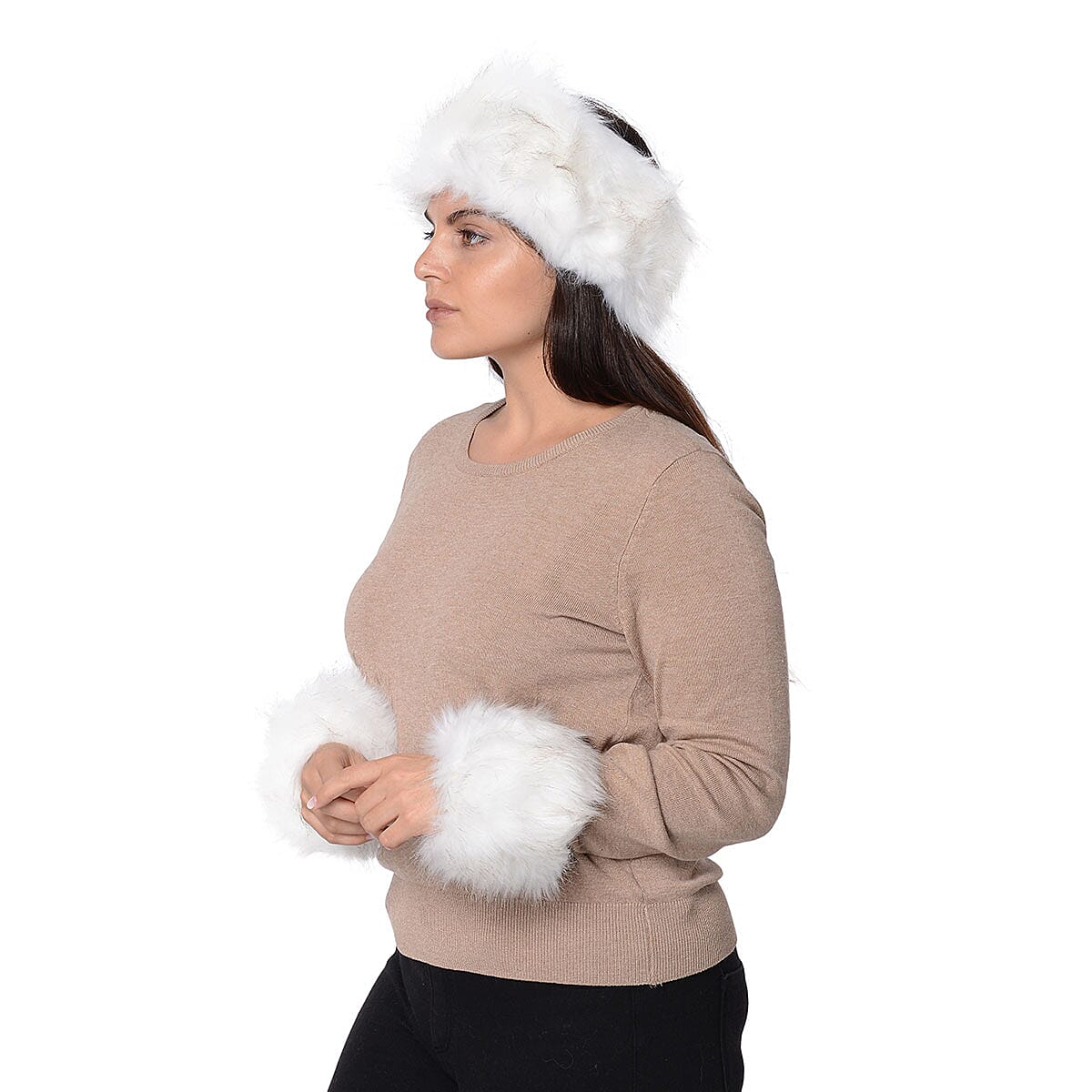 White Polyester Faux Fur Headband and 1 Pair Cuffs image number 1