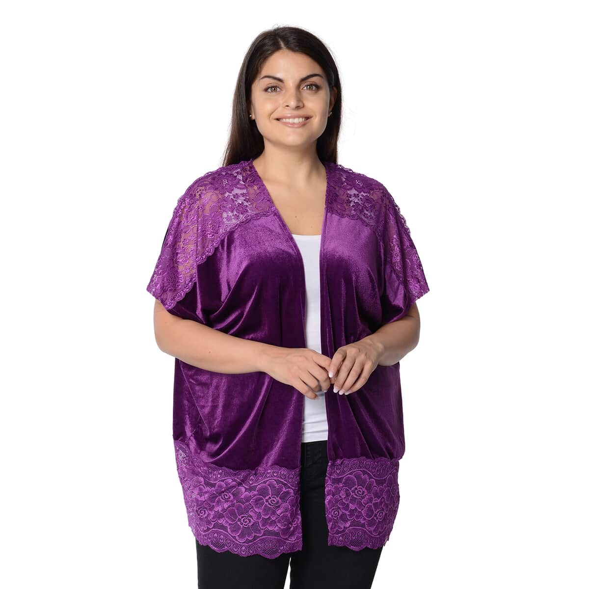 Purple Faux Velvety and Lace Flower Pattern Mid Length Kimono (One Size Fits Most, Polyester) image number 0
