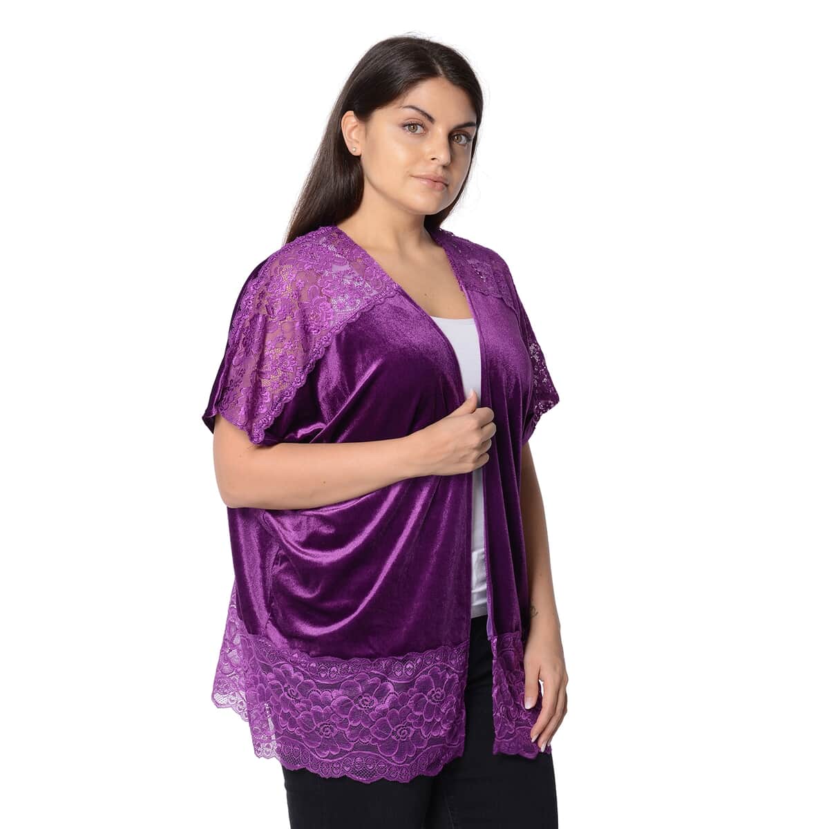 Purple Faux Velvety and Lace Flower Pattern Mid Length Kimono (One Size Fits Most, Polyester) image number 2