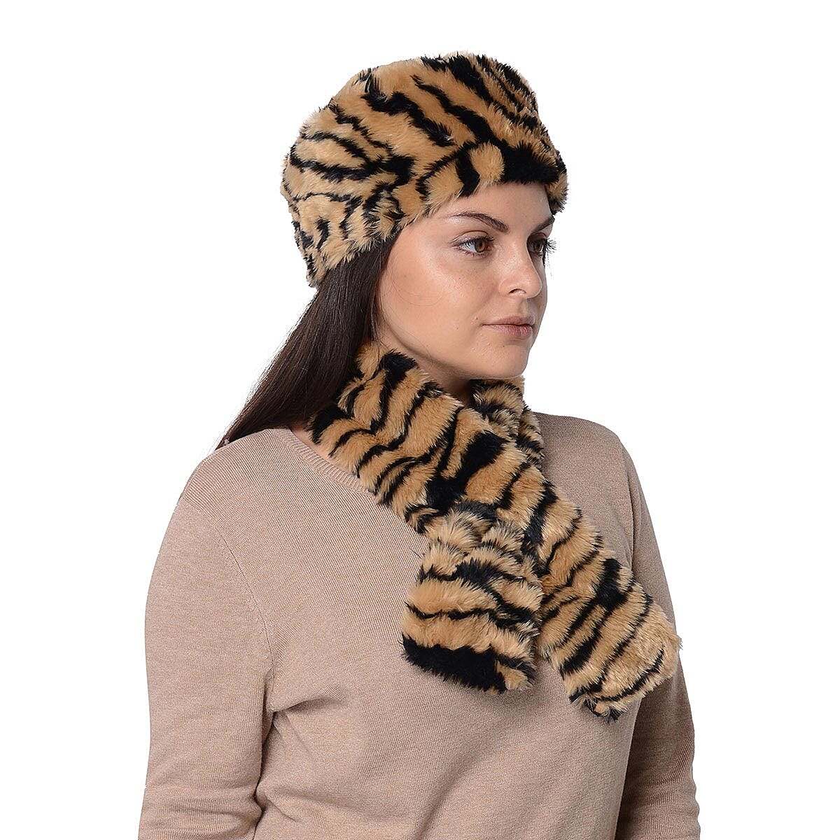 Golden, Black Tiger Pattern Faux Fur Cossack Hat and Scarf (Polyester) image number 1