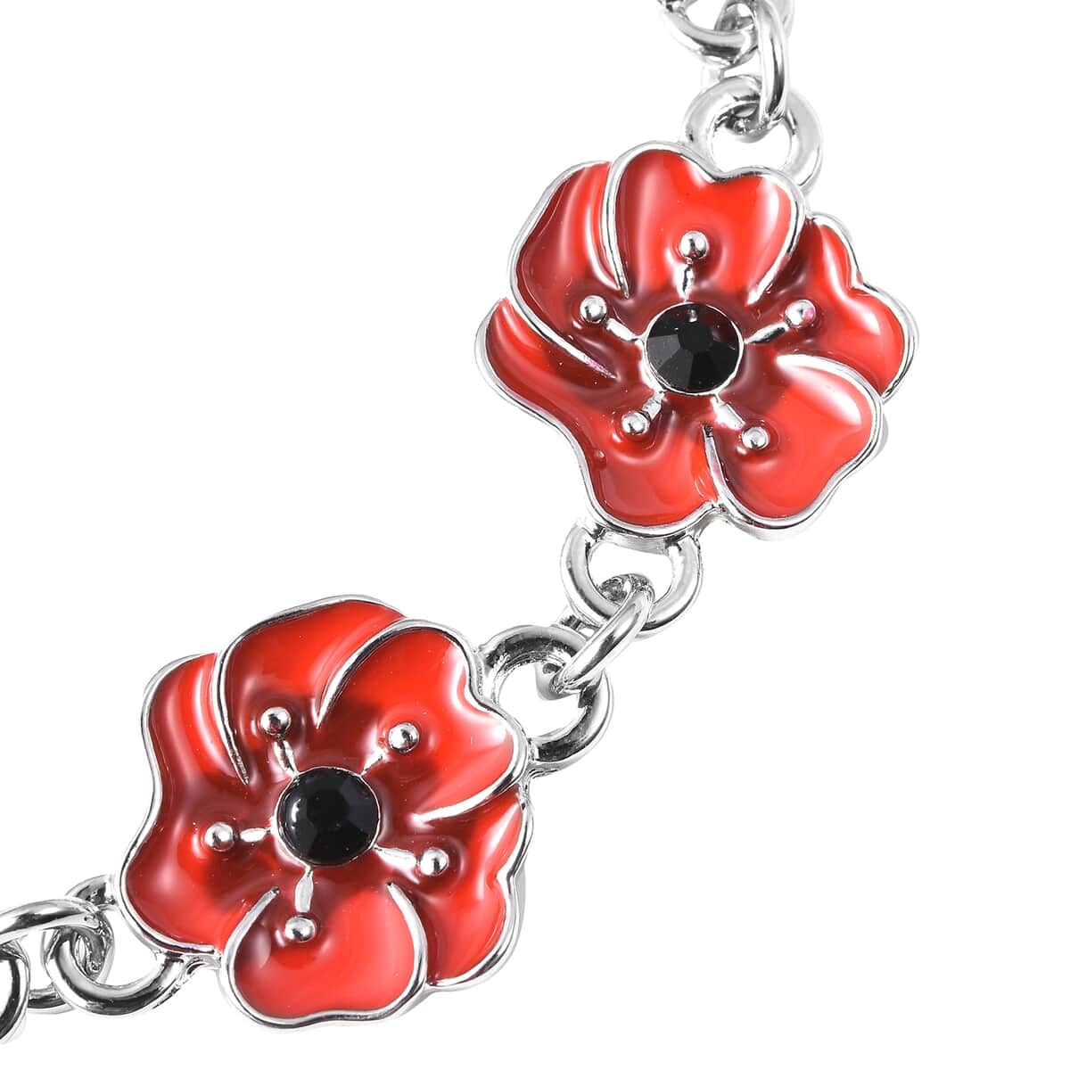 Lest We Forget Black Austrian Crystal Enameled Poppy Charm Bracelet in Silvertone (7-8.5In) image number 3