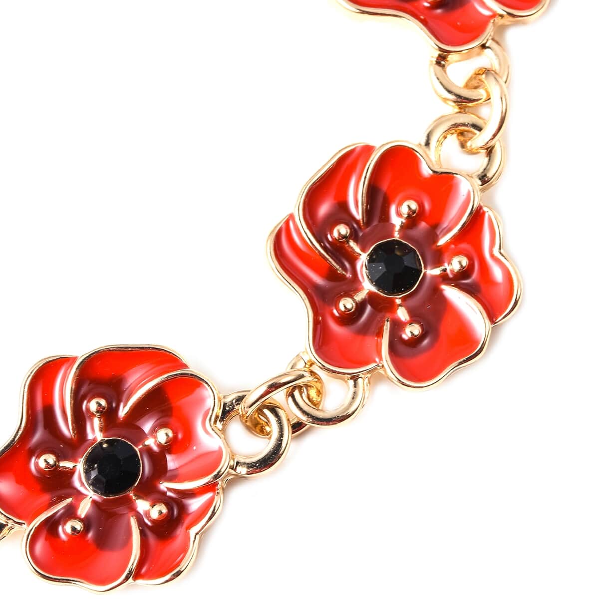 Black Austrian Crystal Enameled Poppy Charm Bracelet in Silvertone (7.00 In) image number 3