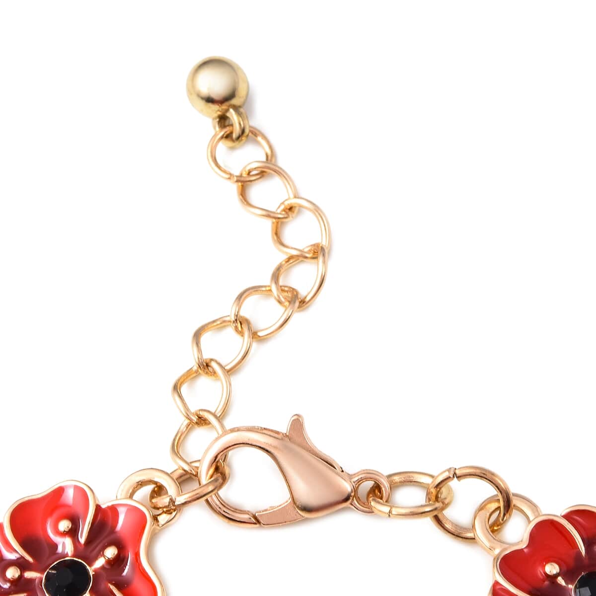 Black Austrian Crystal Enameled Poppy Charm Bracelet in Silvertone (7.00 In) image number 4