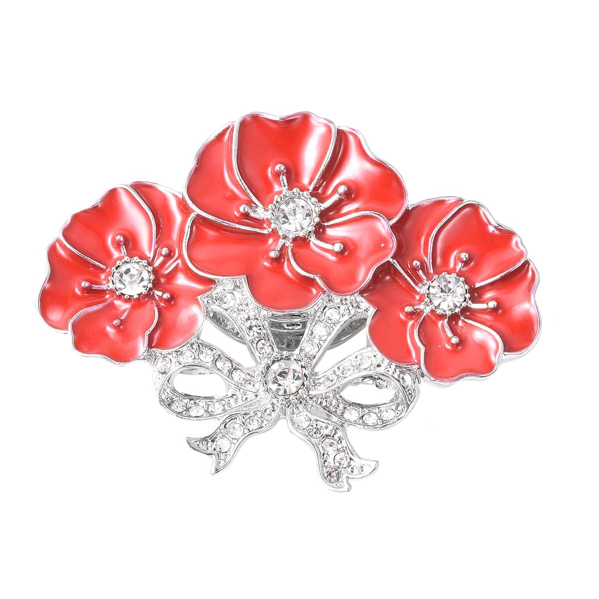 White Austrian Crystal Poppy Brooch in Silvertone image number 0