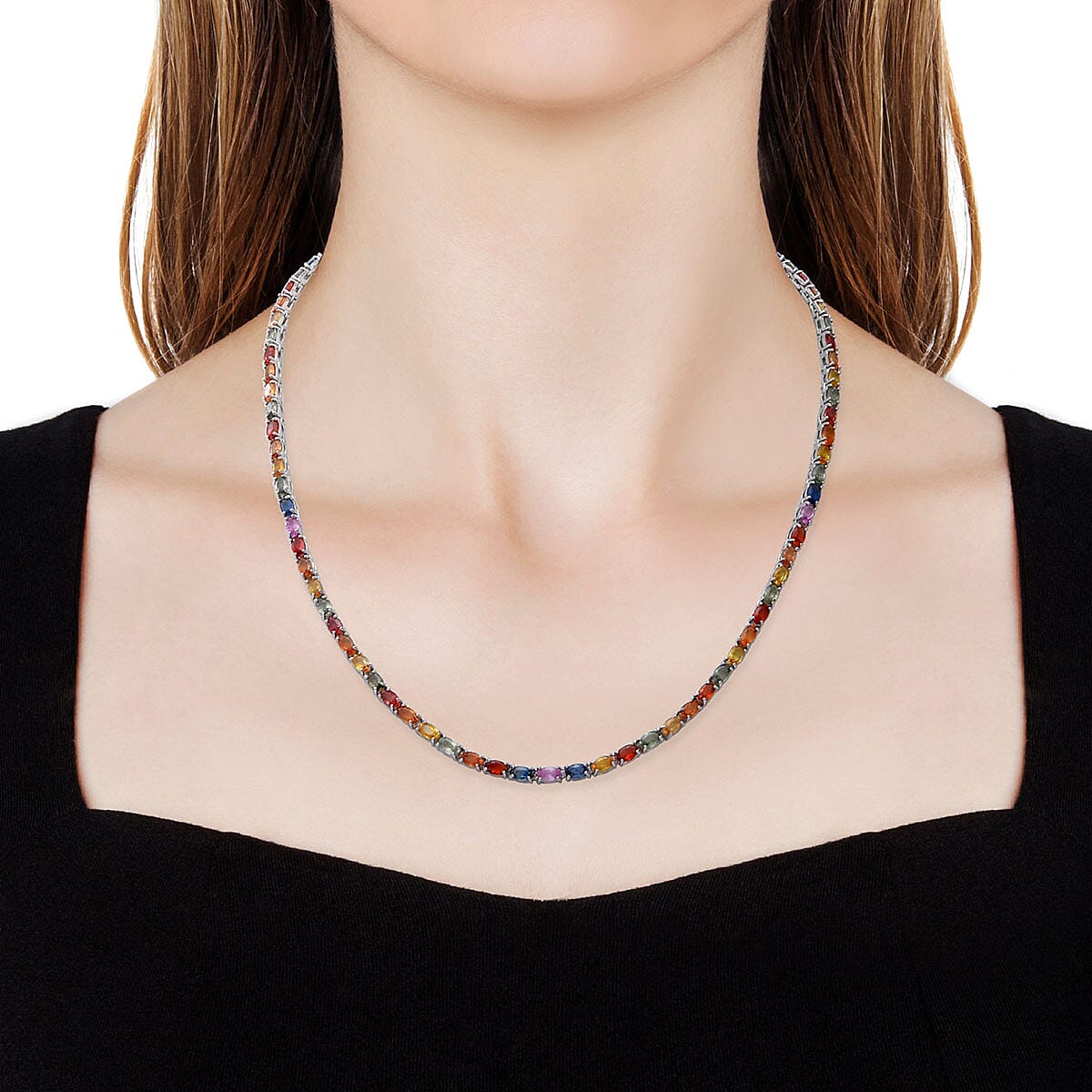 Multi Sapphire Tennis Necklace 18 Inches in Platinum Over Sterling Silver 23.25 ctw image number 1