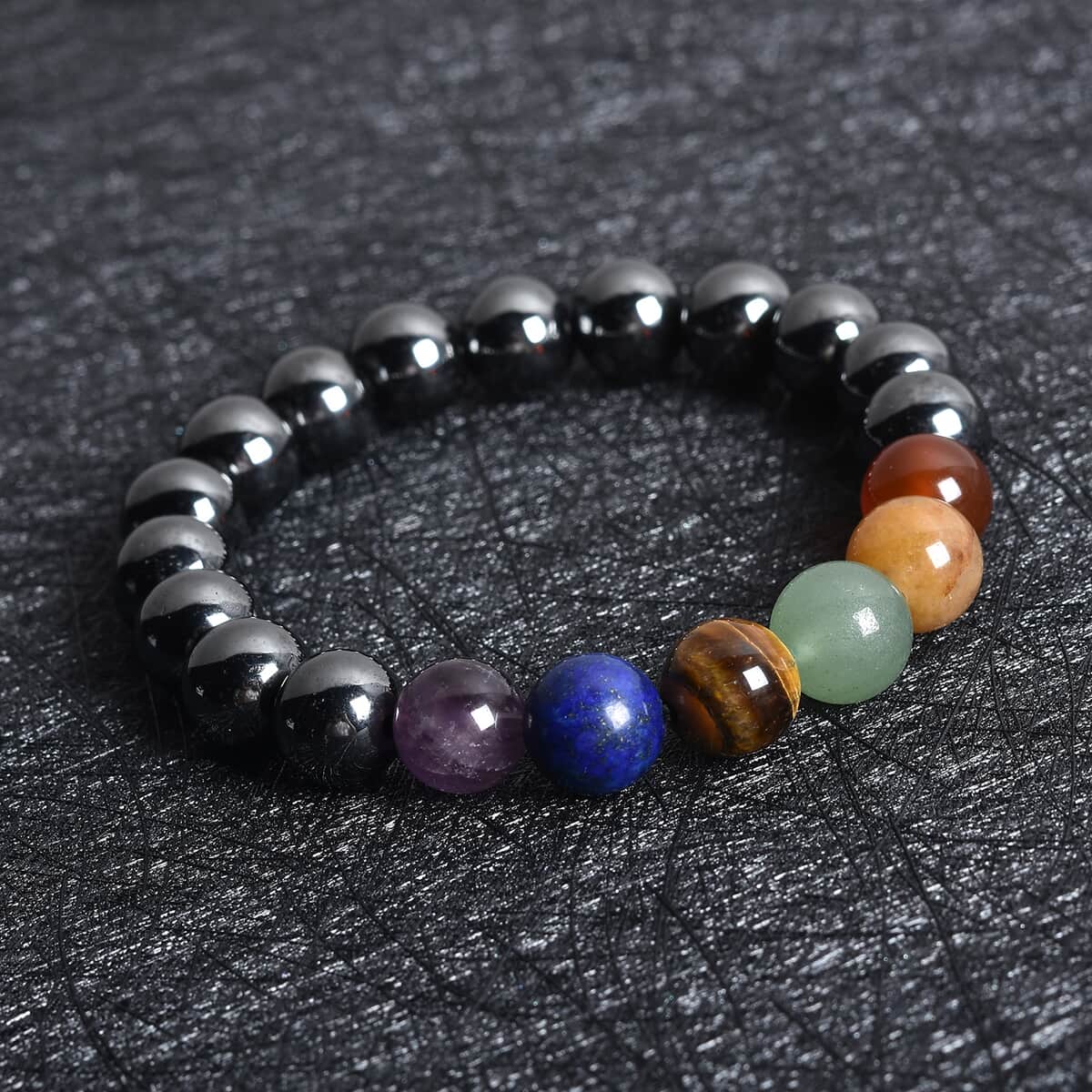 Magnetic by Design Hematite and Multi Gemstone 7-9mm Stretch Bead Bracelet in Silvertone 15.00 ctw image number 1