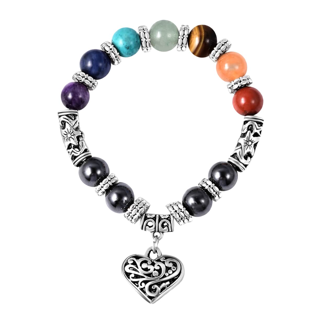 Magnetic by Design Multi Gemstone and Hematite Seven Chakra Stretch Bracelet in Silvertone 20.00 ctw image number 0