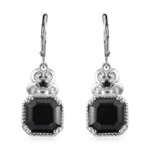 Asscher Cut Australian Black Tourmaline and Thai Black Spinel 10.85 ctw Lever Back Earrings in Stainless Steel