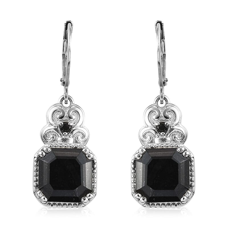Asscher Cut Australian Black Tourmaline and Thai Black Spinel 6.85 ctw Lever Back Earrings in Stainless Steel