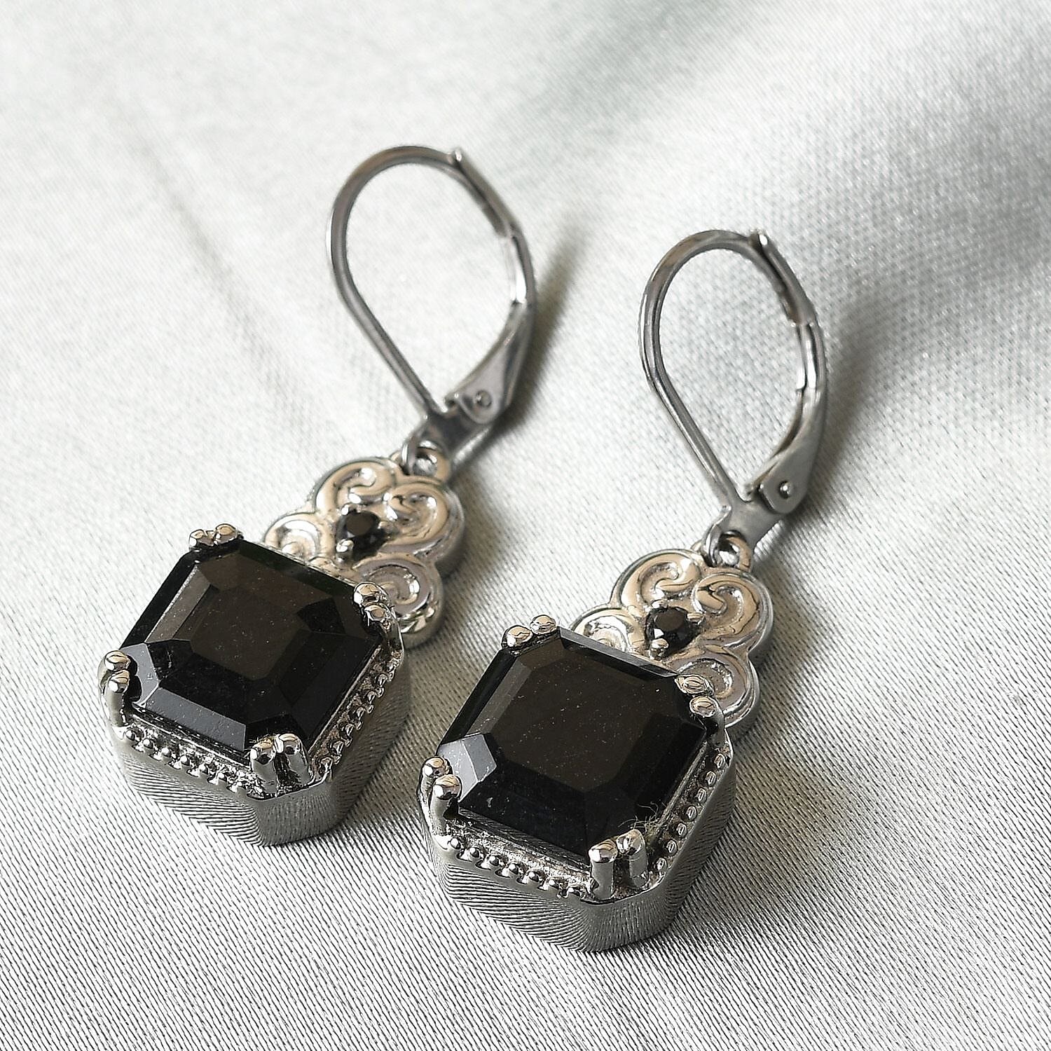Asscher Cut Australian Black Tourmaline and Thai Black Spinel 6.85 ctw Lever Back Earrings in Stainless Steel