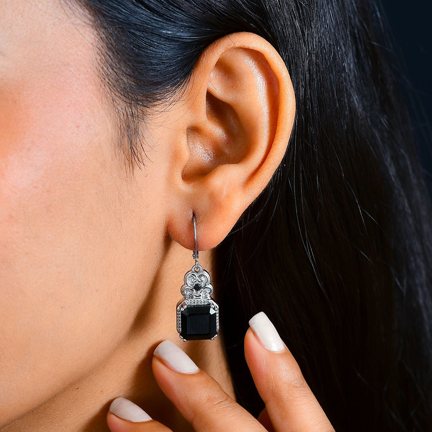 Asscher Cut Australian Black Tourmaline and Thai Black Spinel 6.85 ctw Lever Back Earrings in Stainless Steel