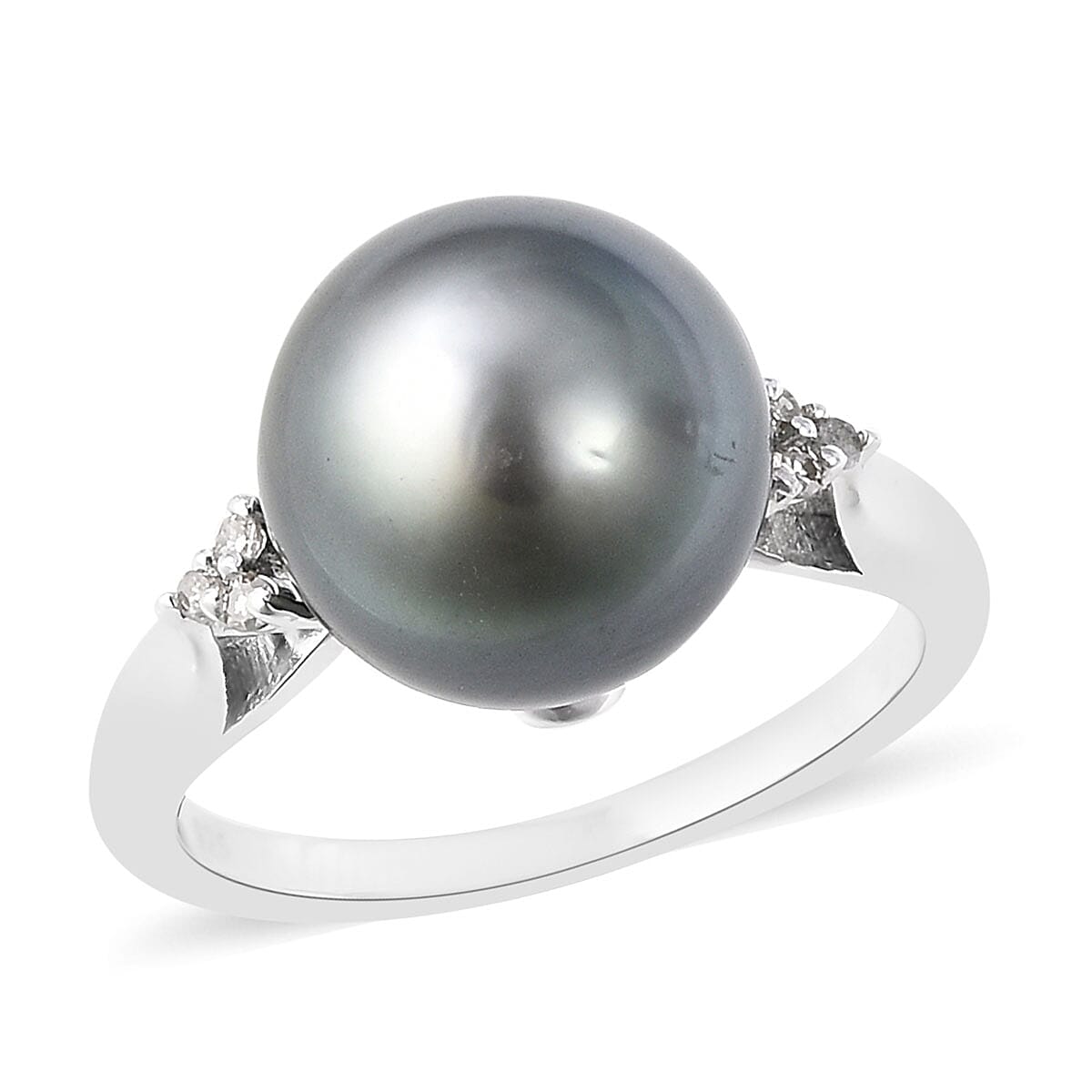 Tahitian Cultured Pearl 11-12mm, Diamond Accent Ring in Sterling Silver (Size 7.0) 0.05 ctw