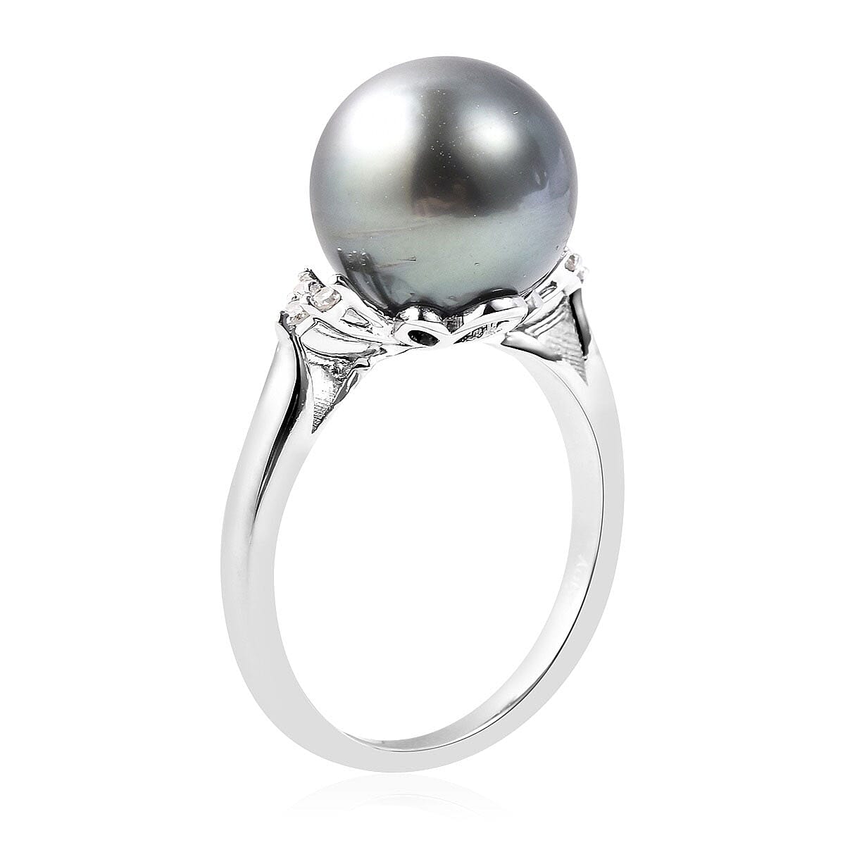 Tahitian Cultured Pearl 11-12mm, Diamond Accent Ring in Sterling Silver (Size 7.0) 0.05 ctw