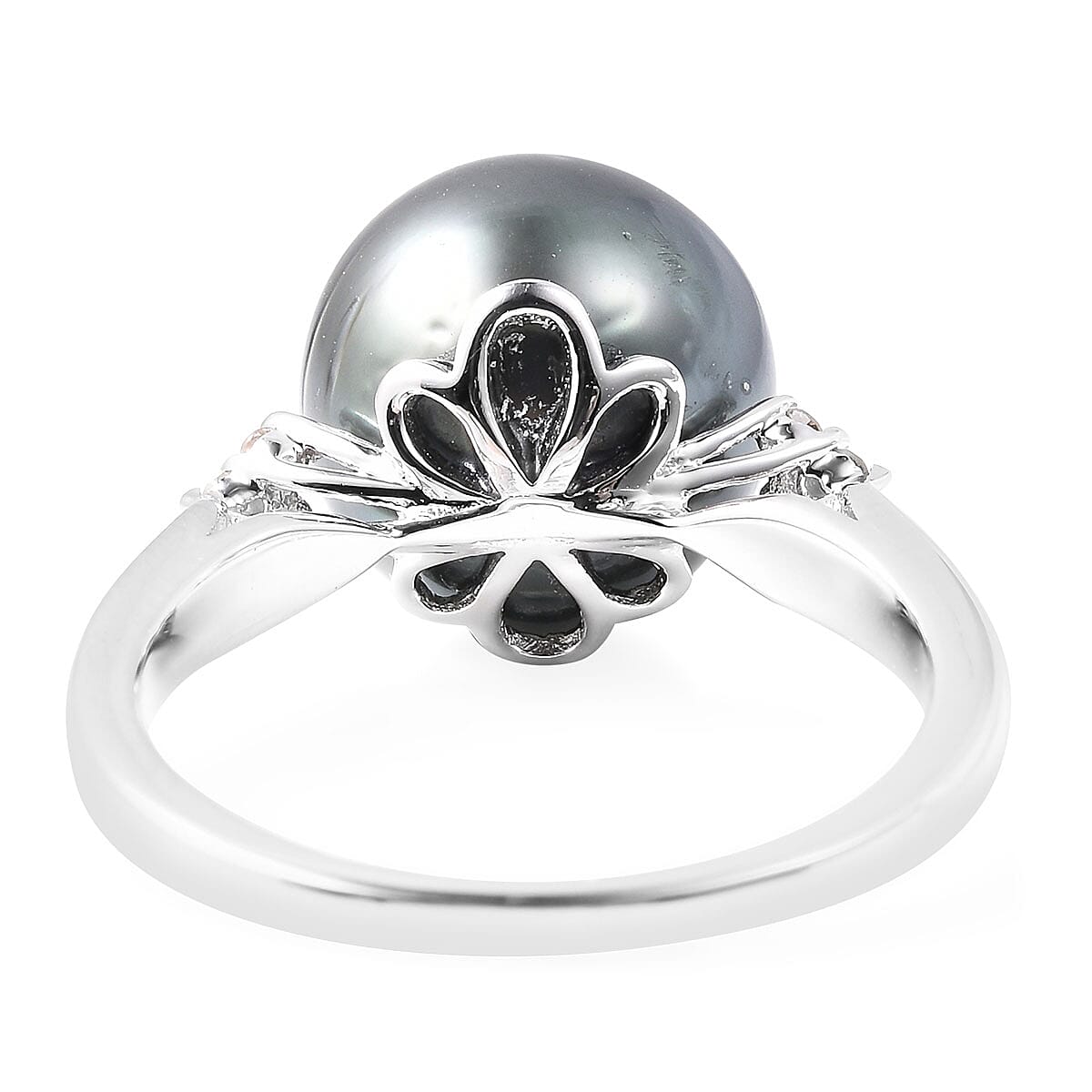Tahitian Cultured Pearl 11-12mm, Diamond Accent Ring in Sterling Silver (Size 7.0) 0.05 ctw