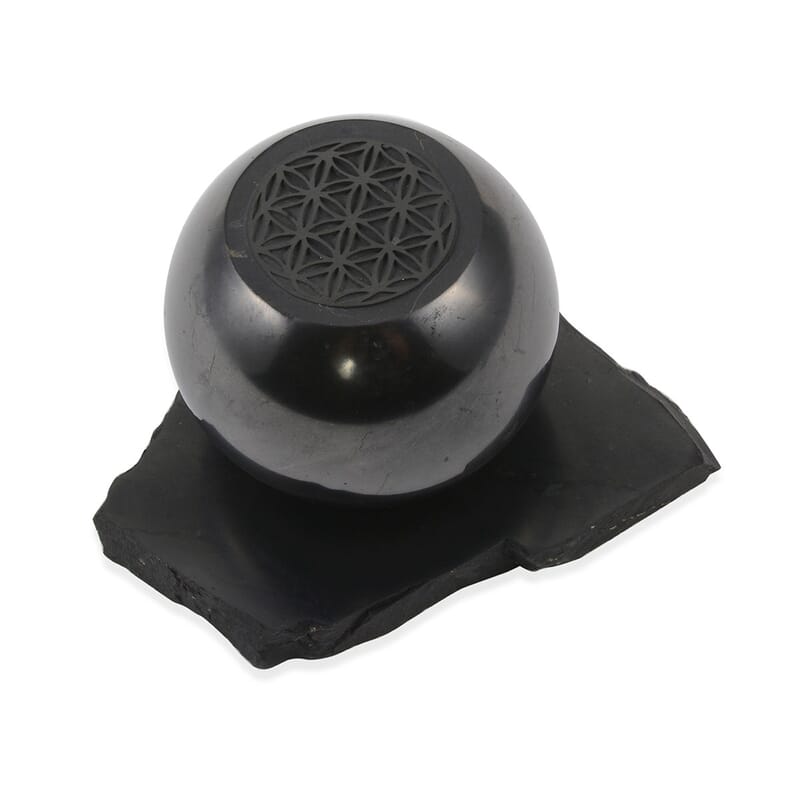 Floral Engraved Shungite Sphere with Stand (8cm) 275.80 ctw