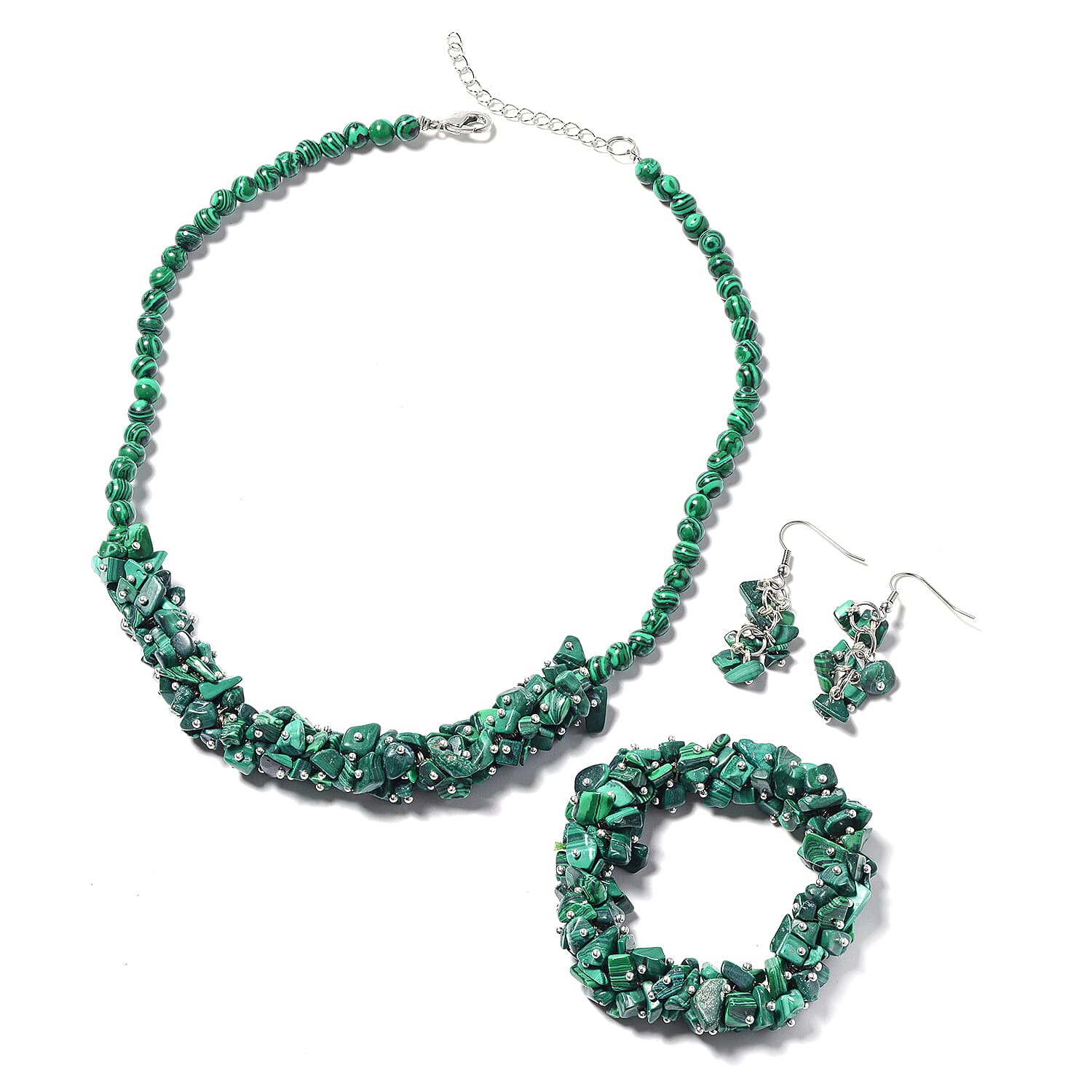 African Malachite, Stretch Bracelet, Earrings and Necklace (18.00 In) in Stainless Steel & Silvertone 533.50 ctw