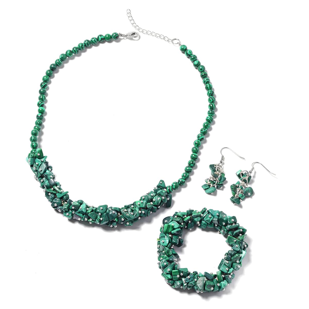 African Malachite, Stretch Bracelet, Earrings and Necklace (18.00 In) in Stainless Steel & Silvertone 533.50 ctw image number 0