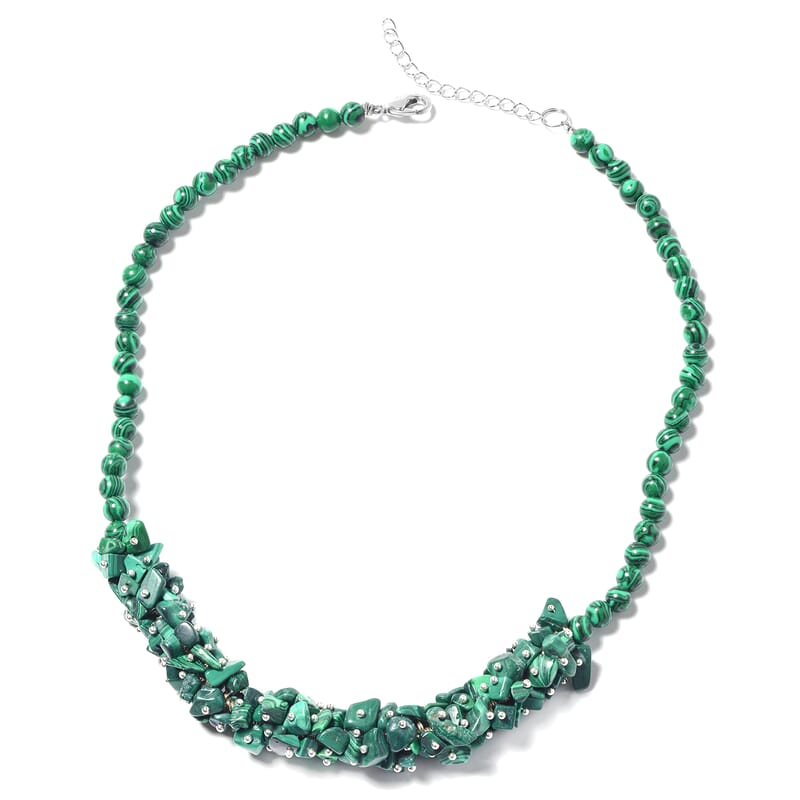 African Malachite, Stretch Bracelet, Earrings and Necklace (18.00 In) in Stainless Steel & Silvertone 533.50 ctw