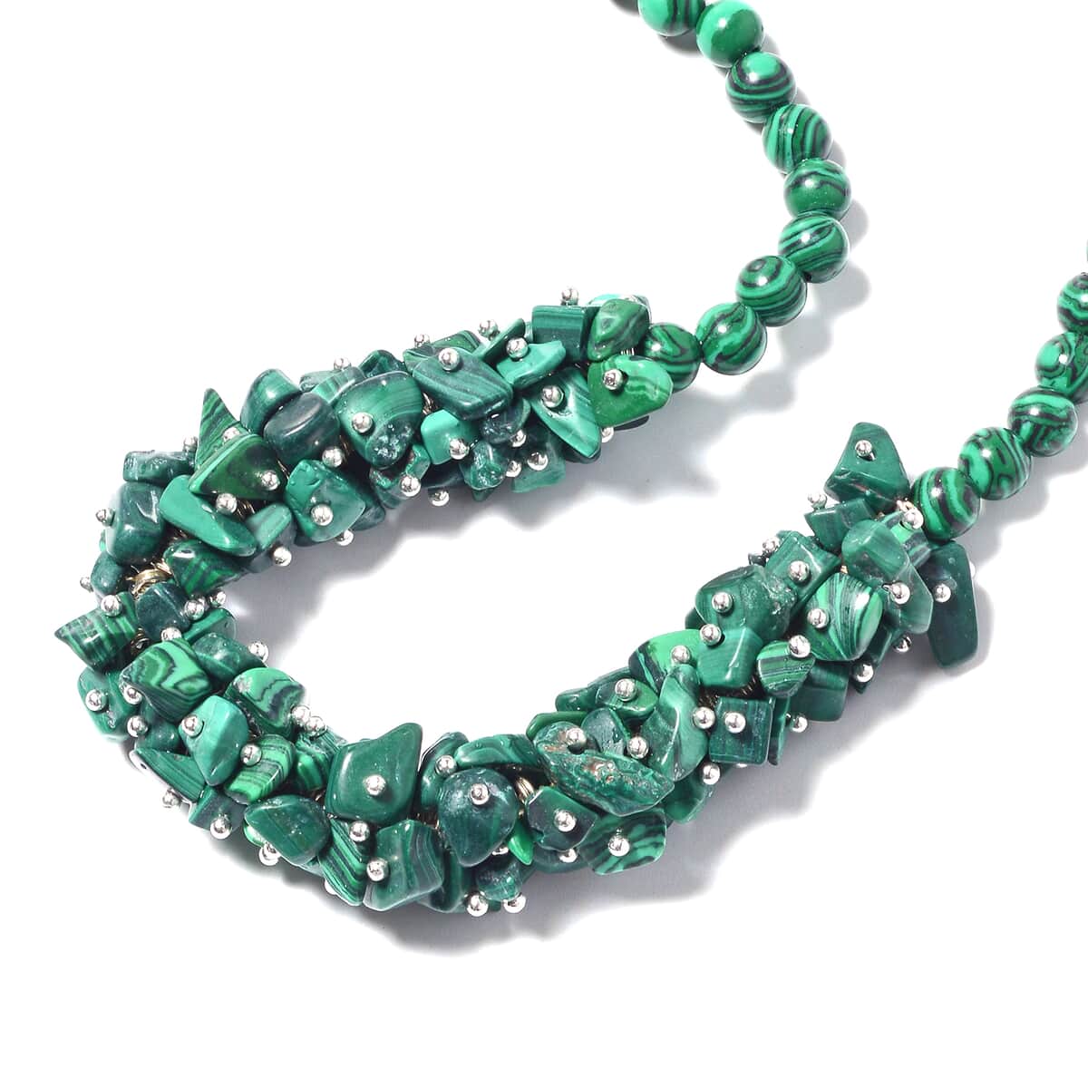 African Malachite, Stretch Bracelet, Earrings and Necklace (18.00 In) in Stainless Steel & Silvertone 533.50 ctw image number 2