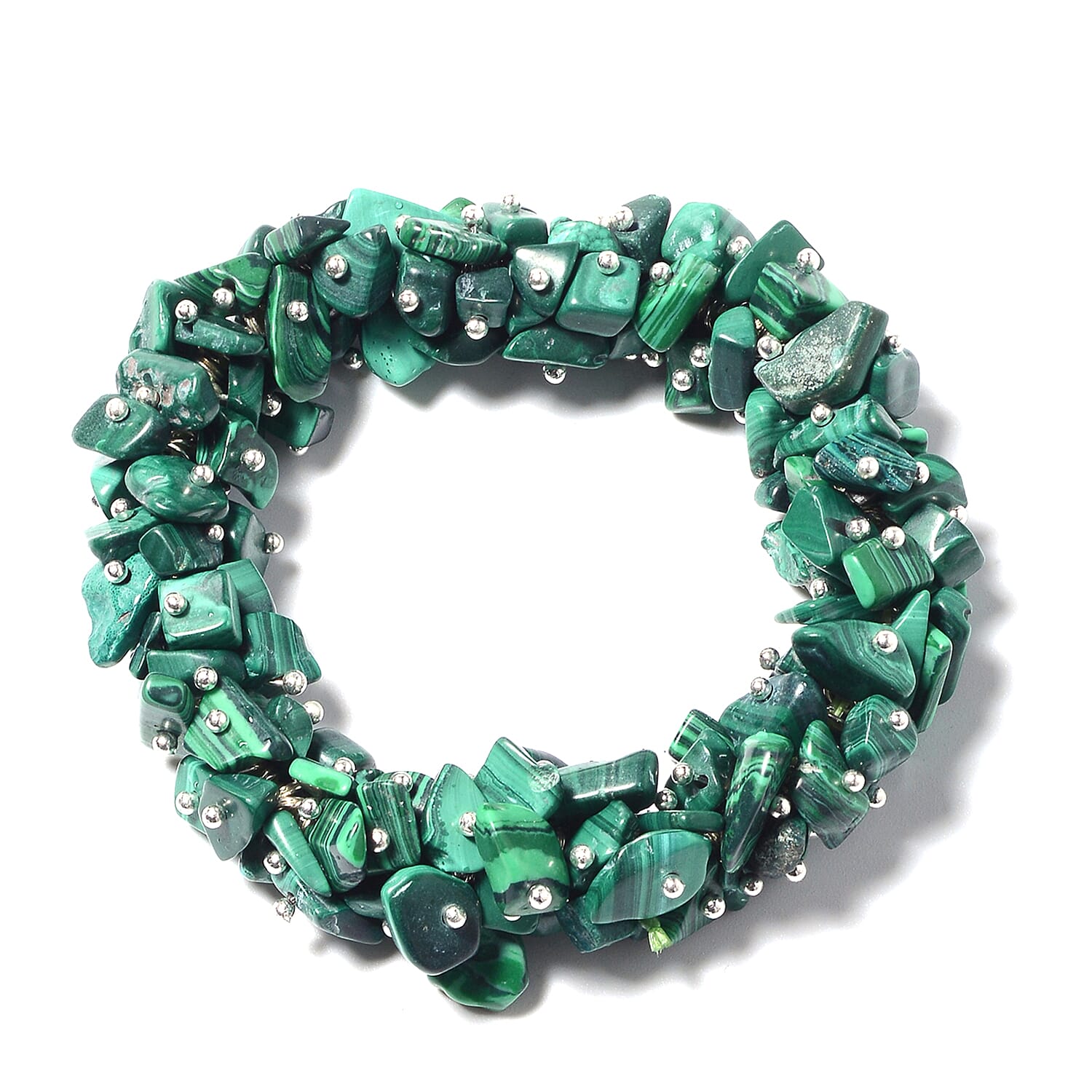 African Malachite, Stretch Bracelet, Earrings and Necklace (18.00 In) in Stainless Steel & Silvertone 533.50 ctw