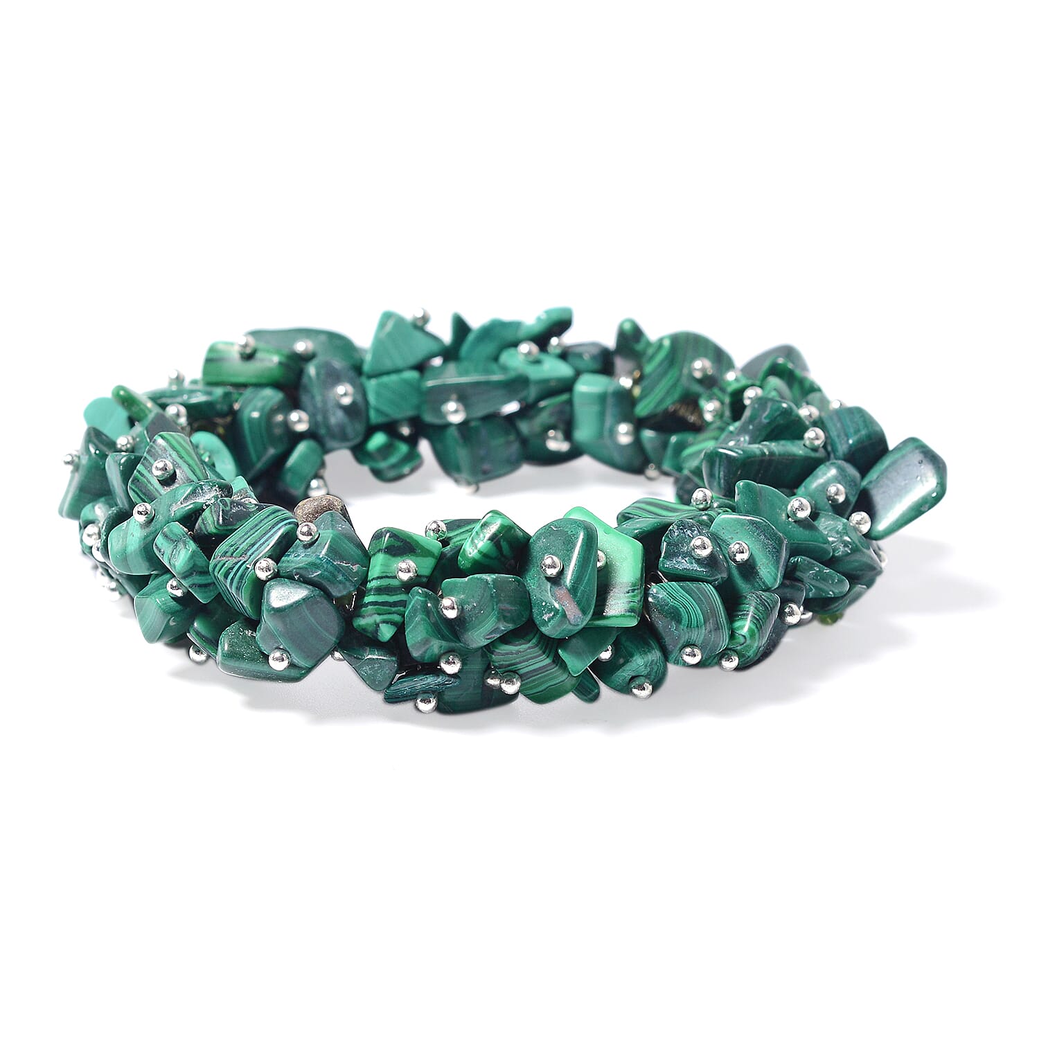 African Malachite, Stretch Bracelet, Earrings and Necklace (18.00 In) in Stainless Steel & Silvertone 533.50 ctw