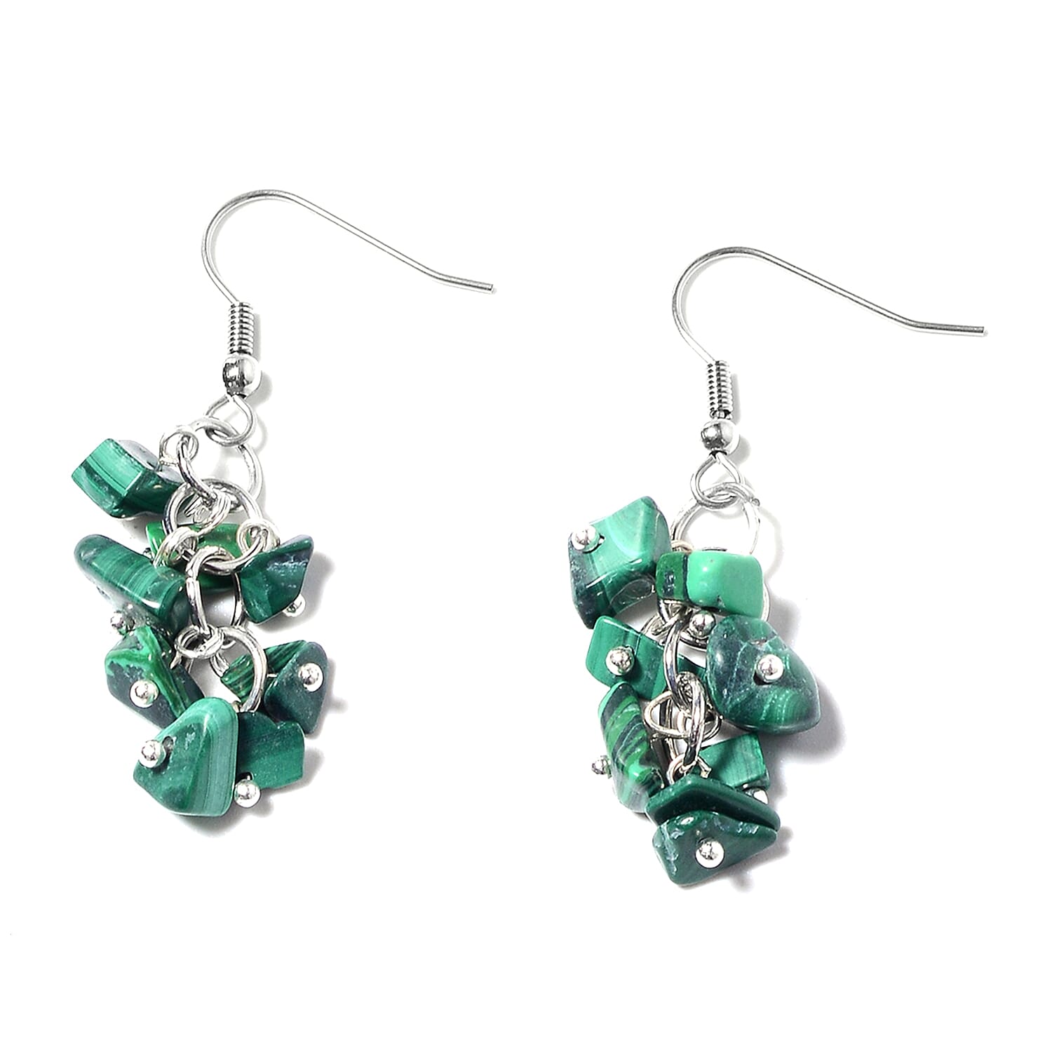 African Malachite, Stretch Bracelet, Earrings and Necklace (18.00 In) in Stainless Steel & Silvertone 533.50 ctw