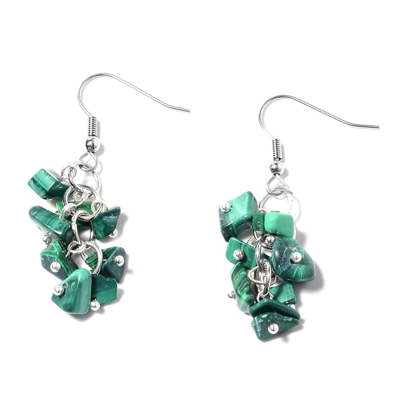 African Malachite, Stretch Bracelet, Earrings and Necklace (18.00 In) in Stainless Steel & Silvertone 533.50 ctw