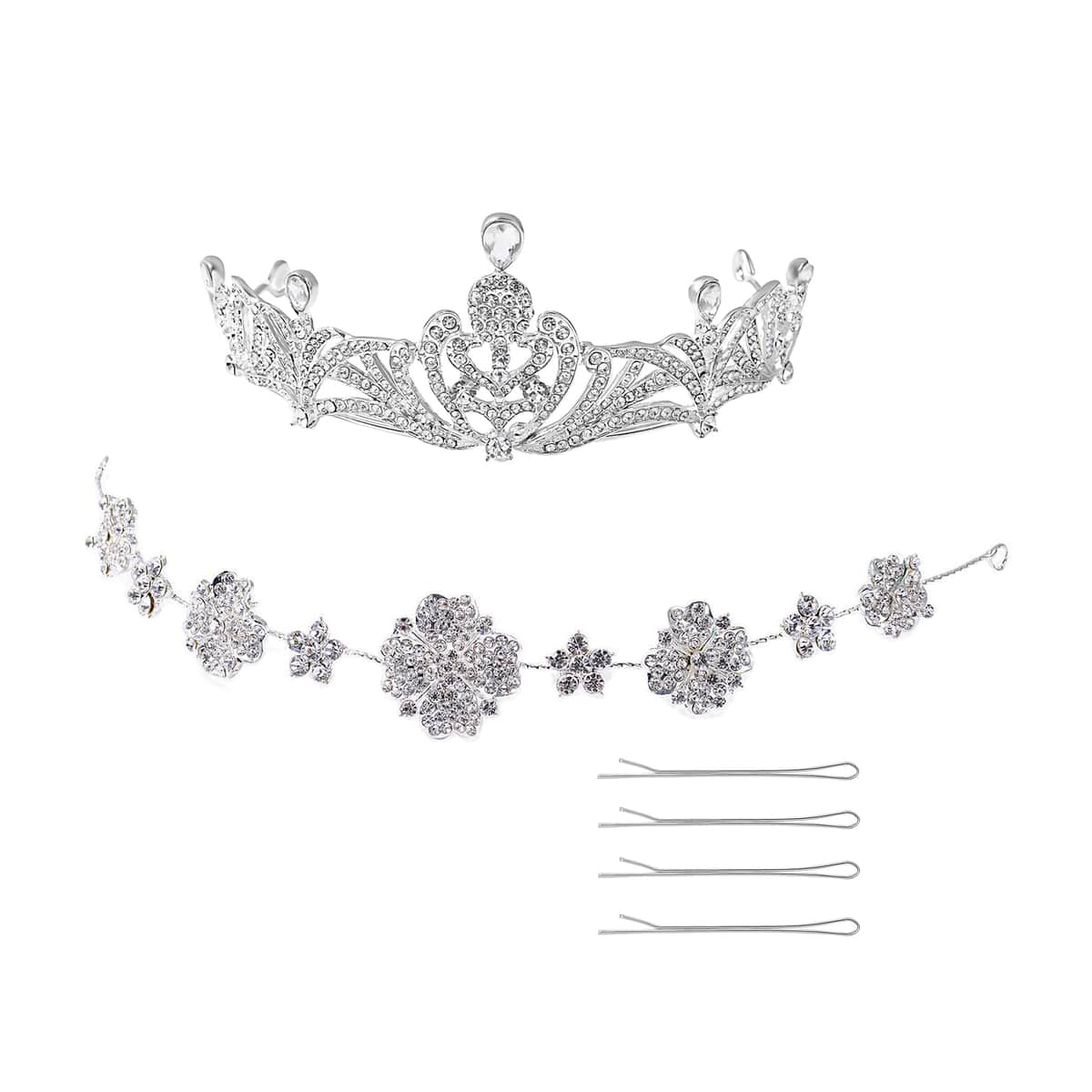 White Glass and Austrian Crystal Blossom Crown Tiara with Hair Band and Pins in Silvertone image number 0
