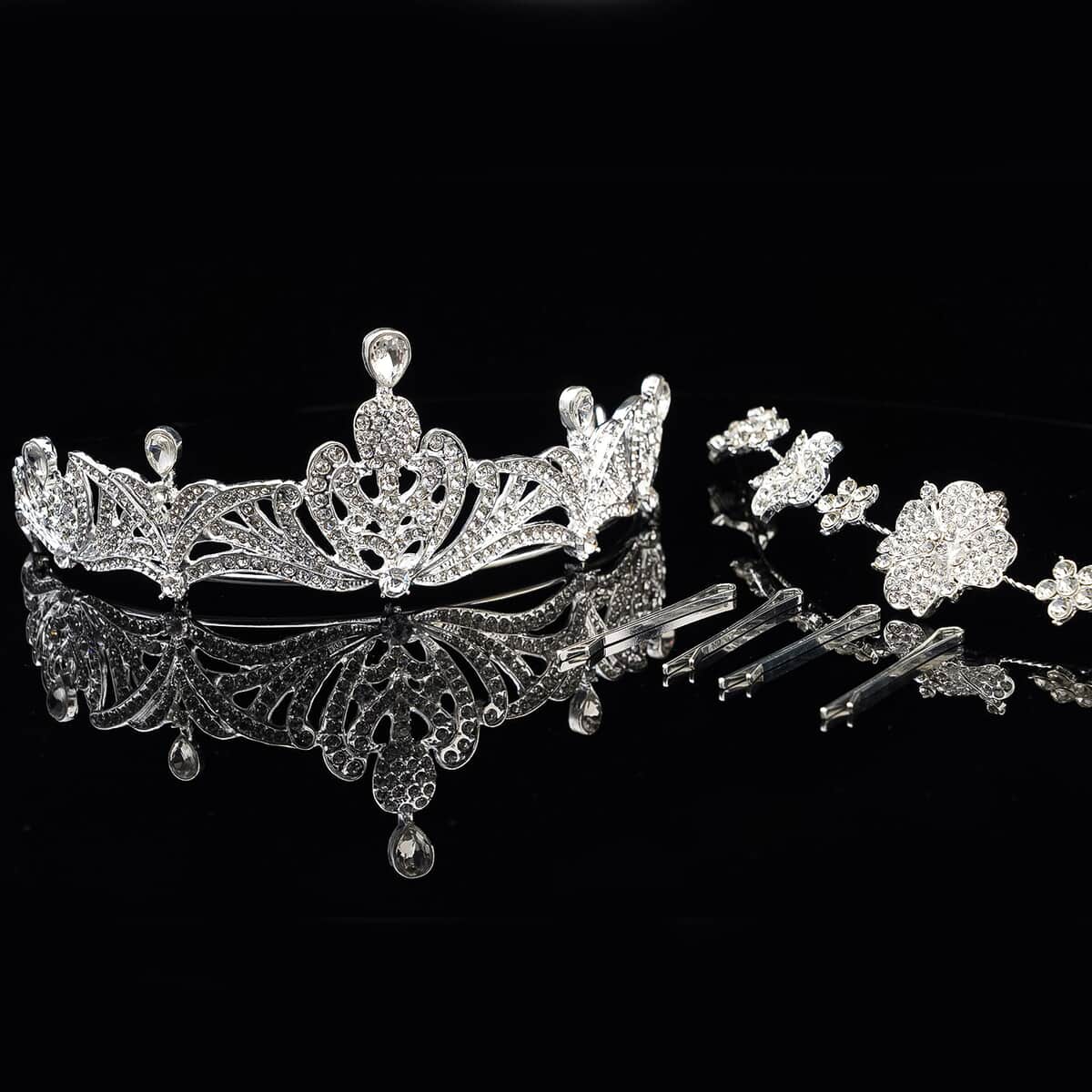 White Glass and Austrian Crystal Blossom Crown Tiara with Hair Band and Pins in Silvertone image number 1