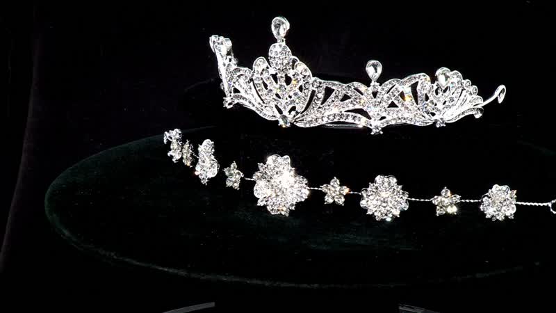 White Glass and Austrian Crystal Blossom Crown Tiara with Hair Band and Pins in Silvertone
