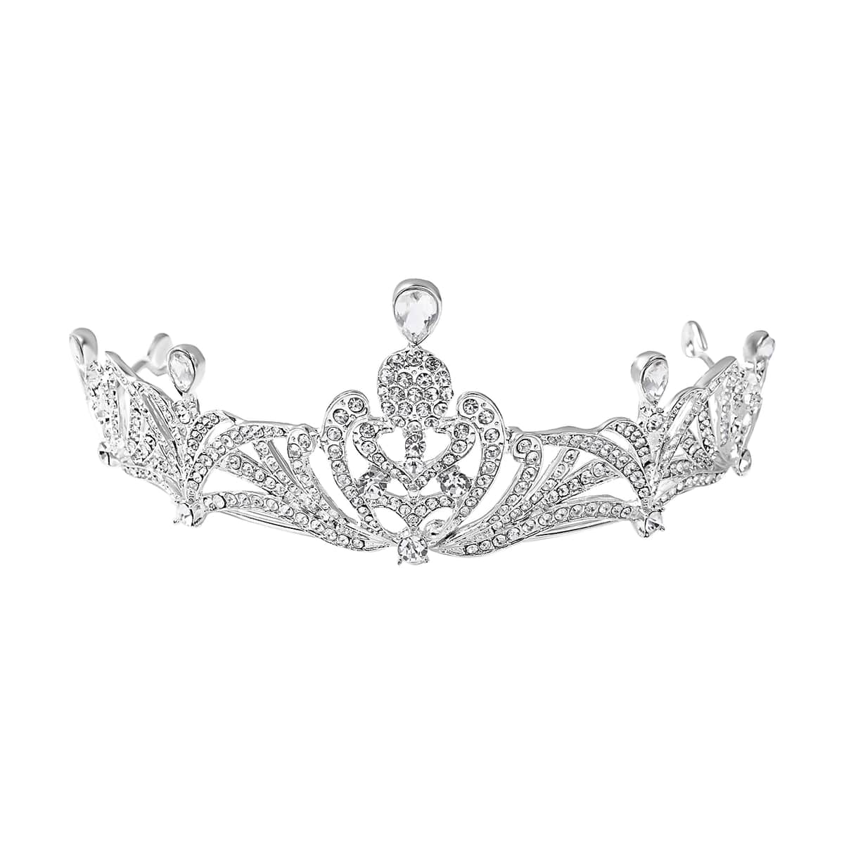 White Glass and Austrian Crystal Blossom Crown Tiara with Hair Band and Pins in Silvertone image number 2