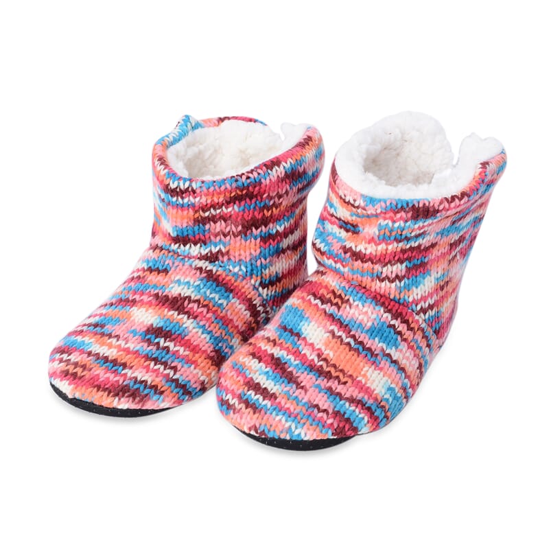 Set of 2 Pairs Red and Blue Knitted Microfiber, Sherpa Booties (Women's Size 5-10)