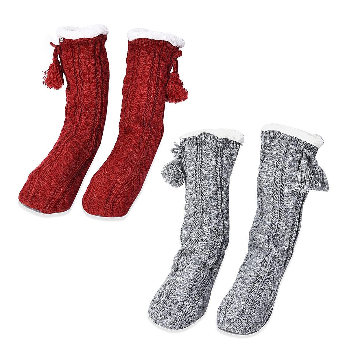 Set of 2 Warm & Fuzzy Red & Gray Cable Knitted Sherpa Lined Slipper Socks (Women's Size 5-10)