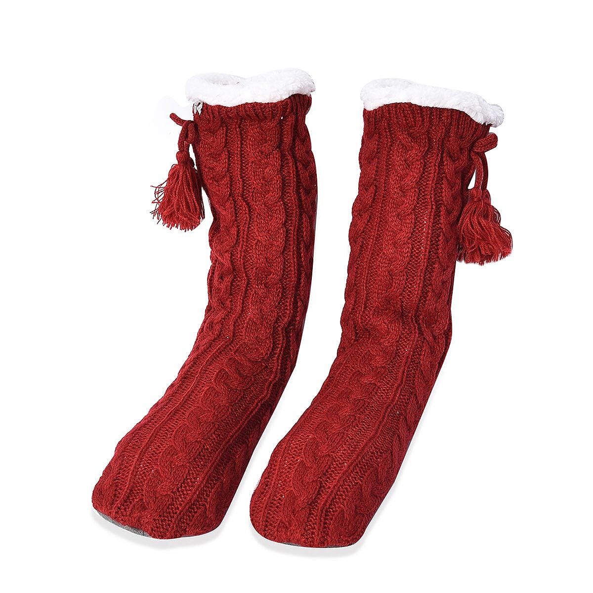 Set of 2 Warm & Fuzzy Red & Gray Cable Knitted Sherpa Lined Slipper Socks (Women's Size 5-10)